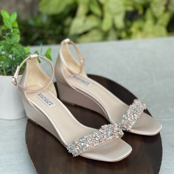 - Badgley Mischka Soft Nude Crystal embellished wedge heel ankle strap size 9.5 - Picture 4 of 13